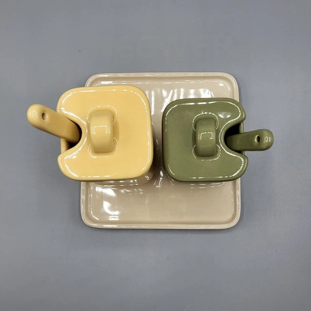 Longaberger Condiment Set Mustard Relish Jars Tray Spoons Ceramic Replacement